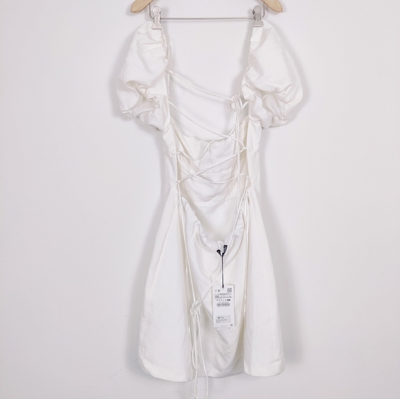 Zara Women's White Linen Blend Dress Size XXL Puff Sleeve Ruched Square Neck NEW - Picture 2 of 13